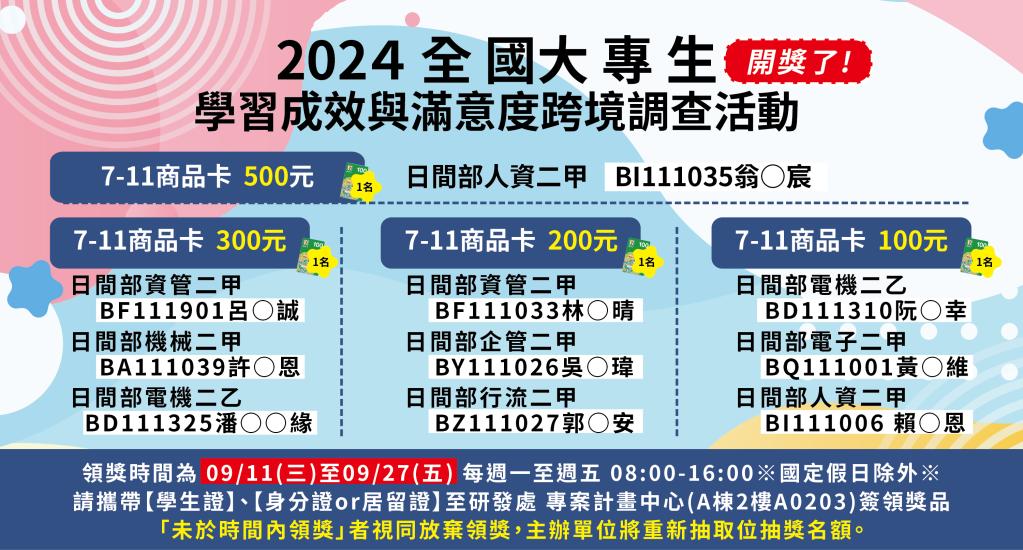修平科技大學-2024大專生學習成效與滿意度跨境調查-中獎名單公告】