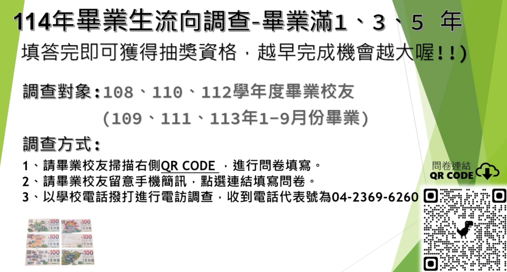 【填問卷抽好禮活動開跑囉！】114年7月至10月執行教育部畢業生流向追蹤問卷調查說明 詳細內容