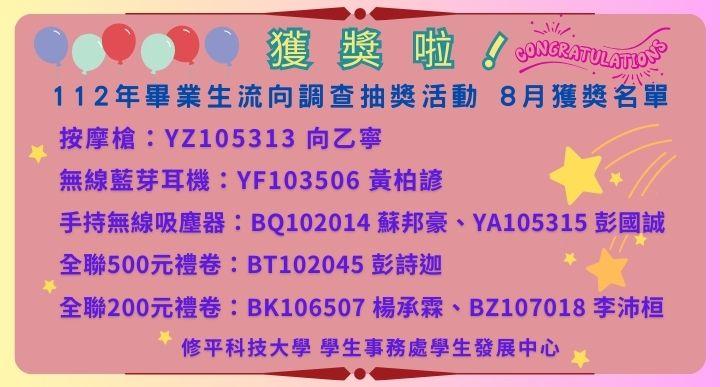 【獲獎名單公告】 112年畢業生流向調查問卷填答抽獎活動-8月份 詳細內容